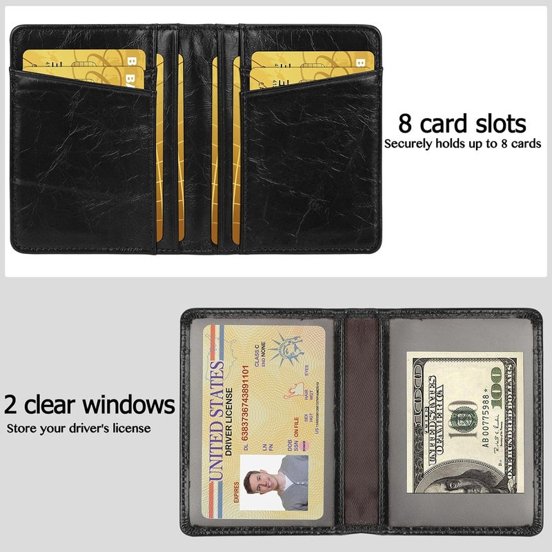 Unaone Slim Minimalist Wallet - Premium Leather Card Holder RFID Blocking Card Case with 8 Card Slots and 2 ID Window, Crackle Black - Image 2